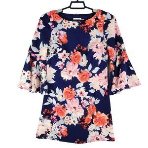 Women's Eliza J Floral Bell Sleeve Dress Navy Pink & Orange Round Neck Size 6